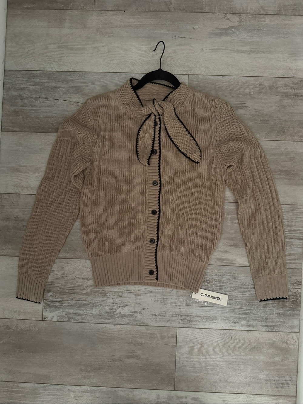 COMMENSE Tie Neck Contrast Trim Wool Blend Cardigan In Khaki Size XS NWT